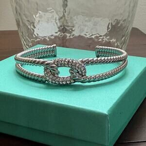 WHITE CRYSTAL SILVER TONE BANGLE BRACELET - By PAULA DEEN, In Gift Box